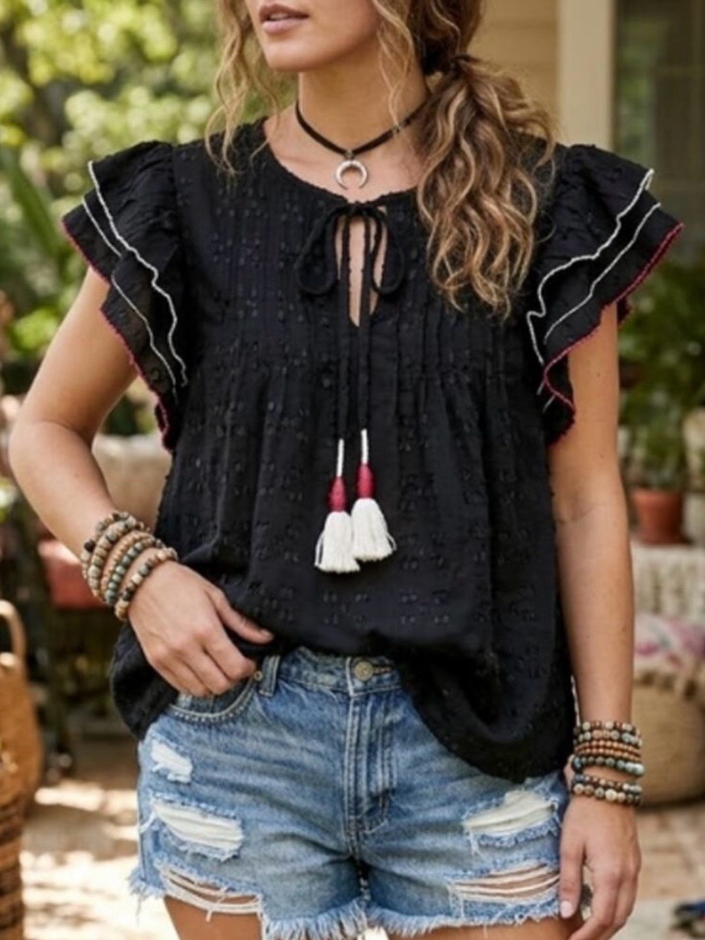 ACOS&A Black Boho Tassel Flutter Sleeve Textured Top Size Small